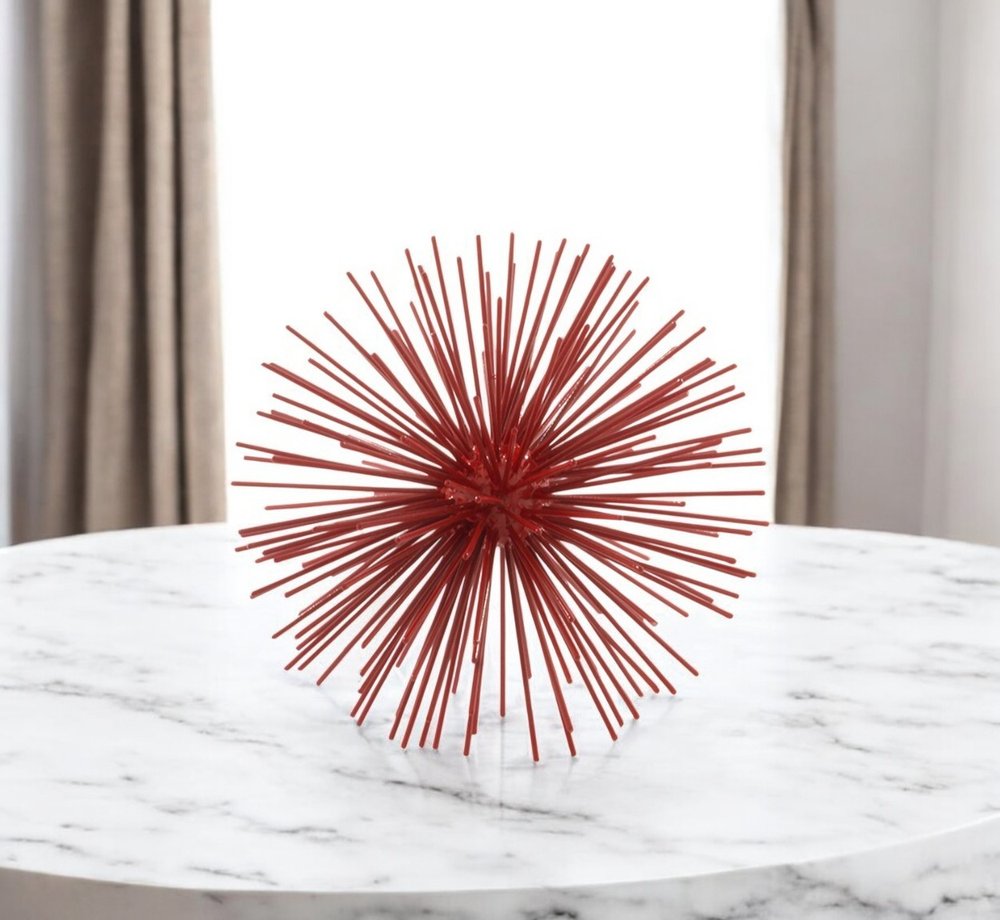 8" Red Spiked Iron Decorative Orb Tabletop Sculpture on a white background
