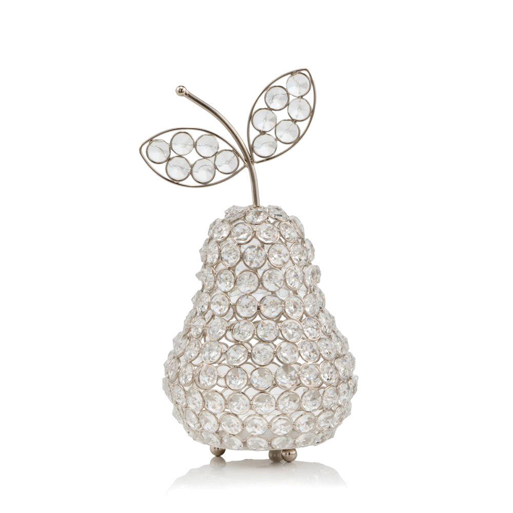 10" Silver and Faux Crystal Decorative Pear Tabletop Sculpture. Sculpture isolated on a plain white background, in a silver crystal finish.