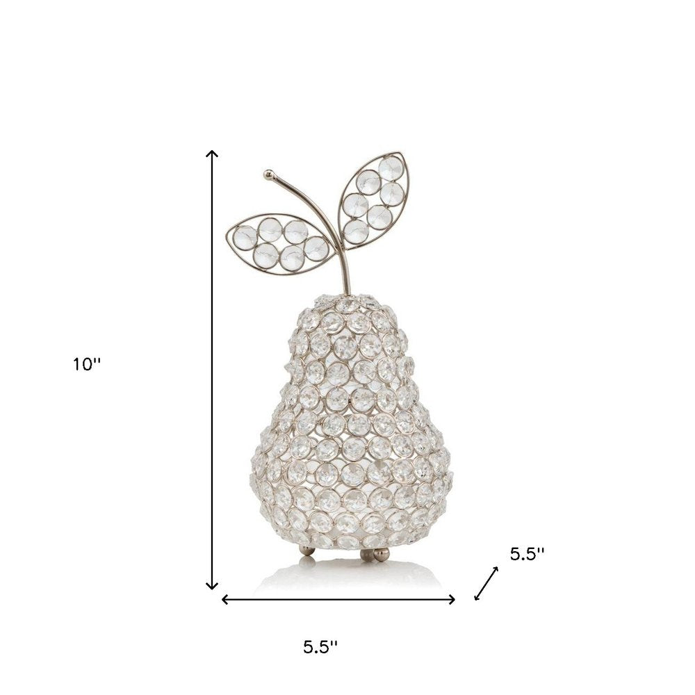 10" Silver and Faux Crystal Decorative Pear Tabletop Sculpture. Sculpture isolated on a plain white background, finished in silver crystal.