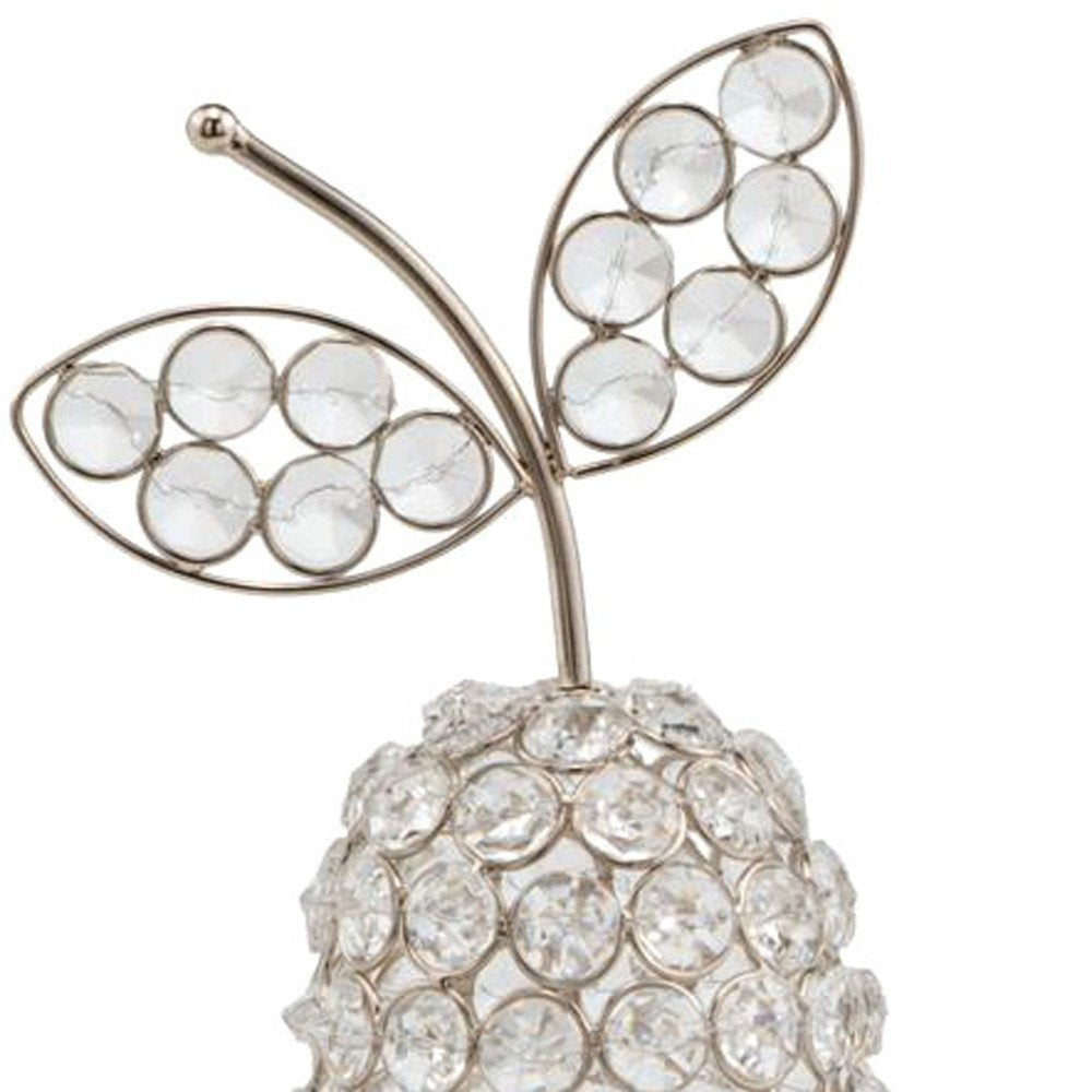 10" Silver and Faux Crystal Decorative Pear Tabletop Sculpture. Sculpture isolated on a plain white background, in a silver crystal finish.