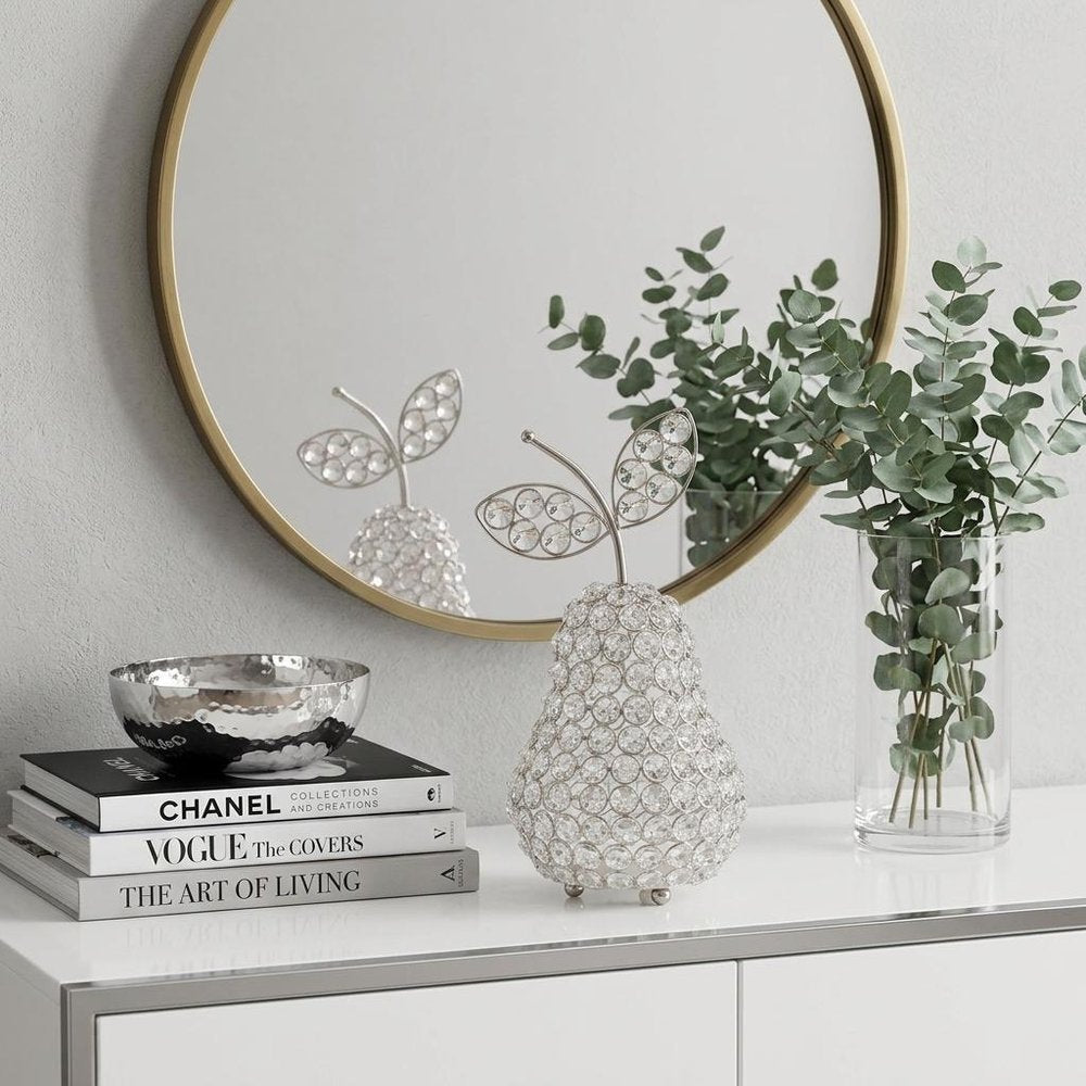 10" Silver and Faux Crystal Decorative Pear Tabletop Sculpture. Sculpture isolated on a plain white background, showing a silver crystal surface.