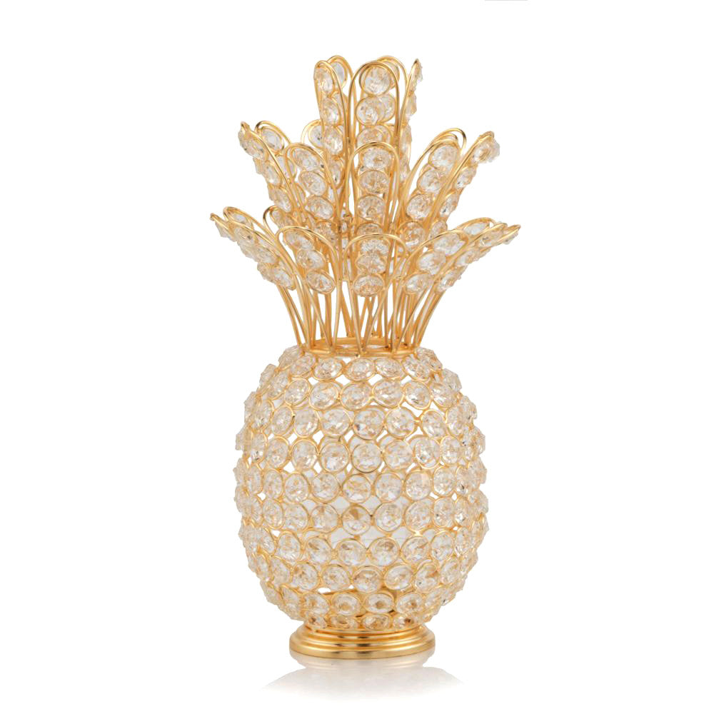 13" Gold and Faux Crystal Pineapple Tabletop Sculpture. Sculpture isolated on a plain white background, finished in gold crystal.
