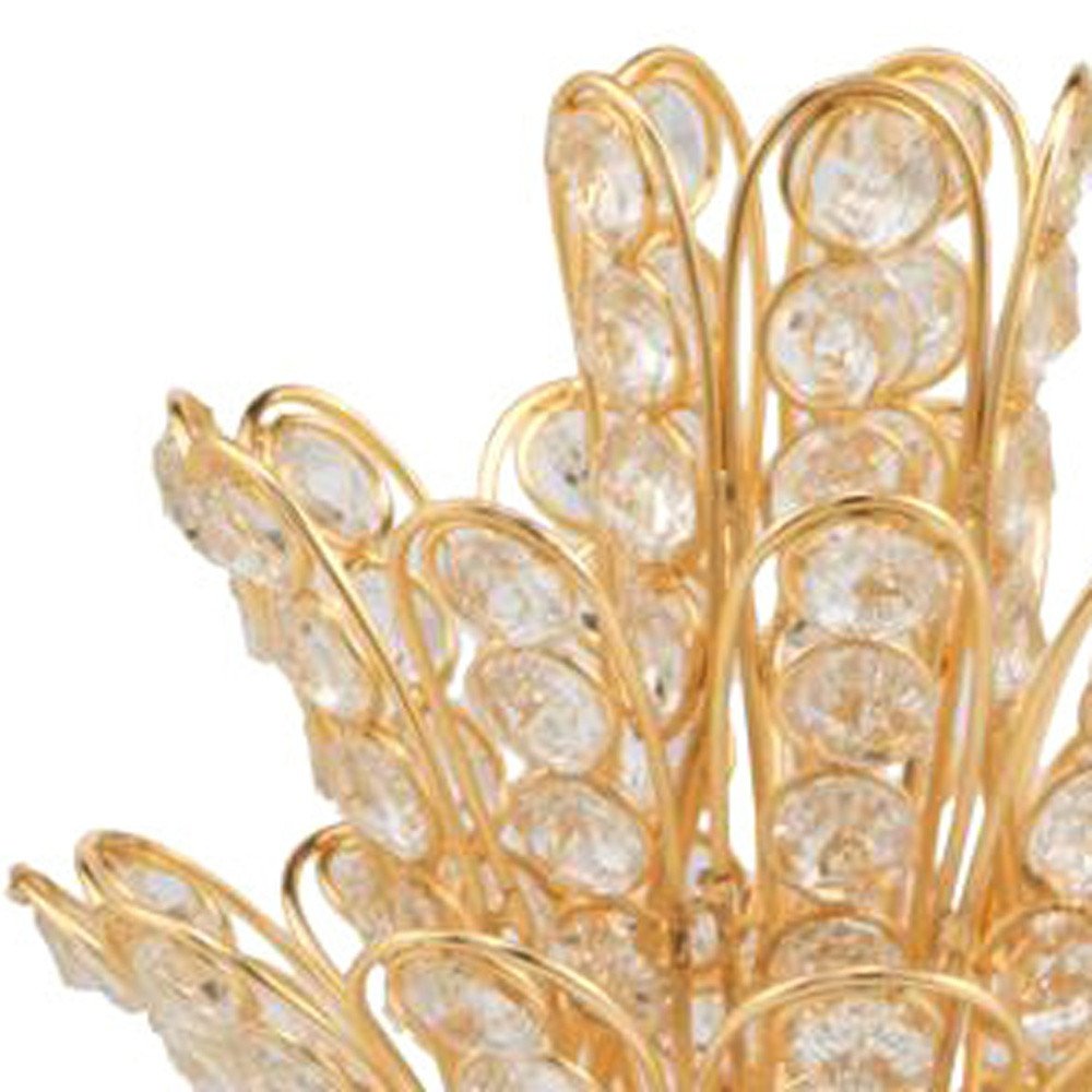 13" Gold and Faux Crystal Pineapple Tabletop Sculpture. Sculpture isolated on a plain white background, in a gold crystal finish.