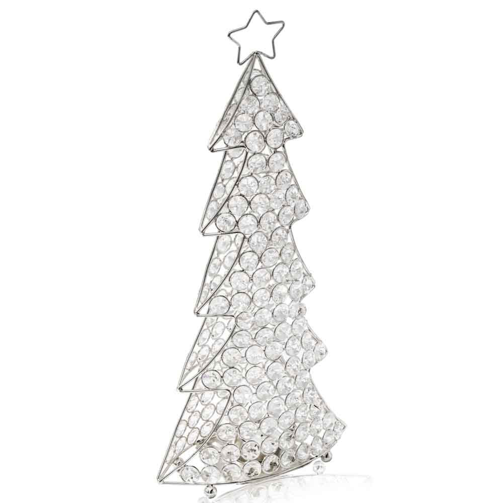 16" Glam Silver And Faux Crystals Christmas Tree Tabletop Sculpture. Sculpture isolated on a plain white background, showing a silver crystal surface.