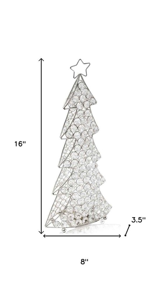 16" Glam Silver And Faux Crystals Christmas Tree Tabletop Sculpture. Sculpture isolated on a plain white background, in a silver crystal finish.