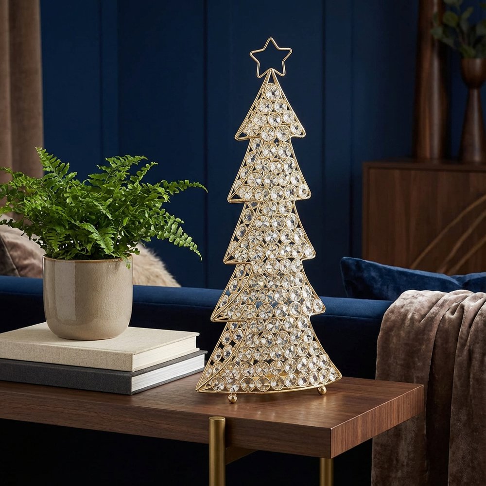 16" Glam Silver And Faux Crystals Christmas Tree Tabletop Sculpture photographed against a dark studio background.