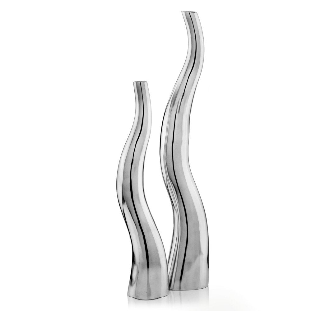 Set of Two Silver Aluminum Squiggly Vases on a white background