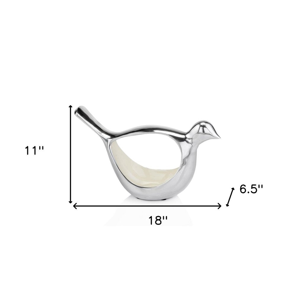 7" Silver Buffed Aluminum Bird Shaped Sculptural Bowl on a white background