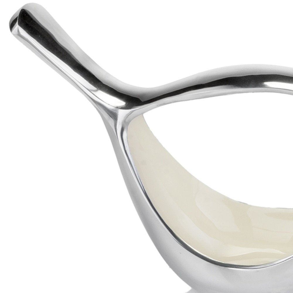7" Silver Buffed Aluminum Bird Shaped Sculptural Bowl on a white background