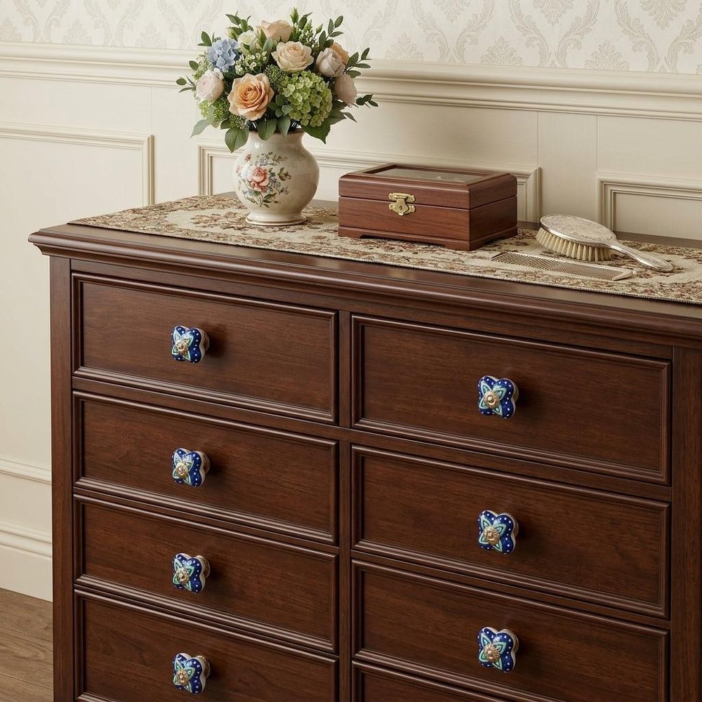 Set of Eight Blue And Green Floral Ceramic Drawer Pull Knobs