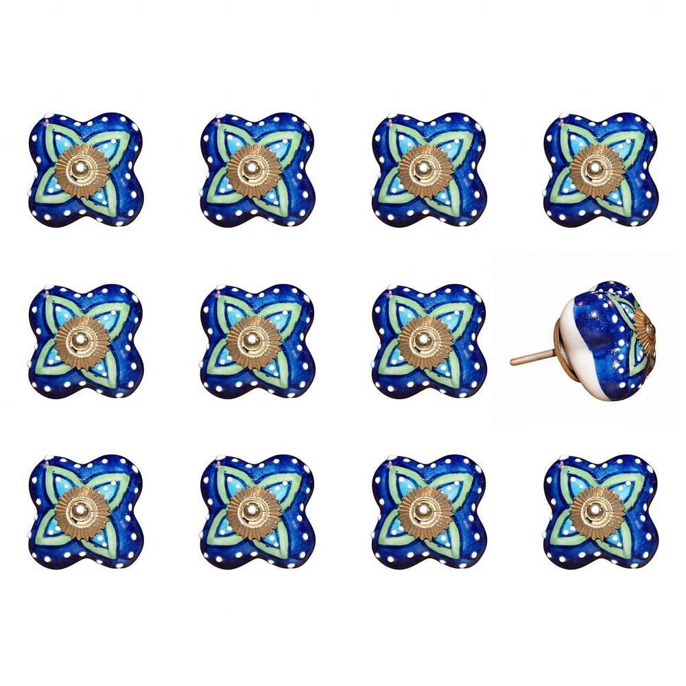 1.5" X 1.5" X 1.5" Ceramic Metal Multicolor 12 Pack Knob. Cabinet knobs isolated on a plain white background, in a blue ceramic finish.