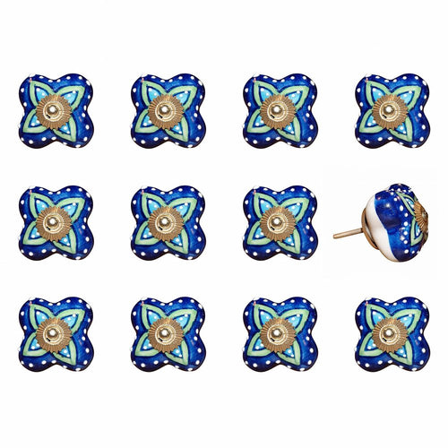 1.5" X 1.5" X 1.5" Ceramic Metal Multicolor 12 Pack Knob. Cabinet knobs isolated on a plain white background, in a blue ceramic finish.
