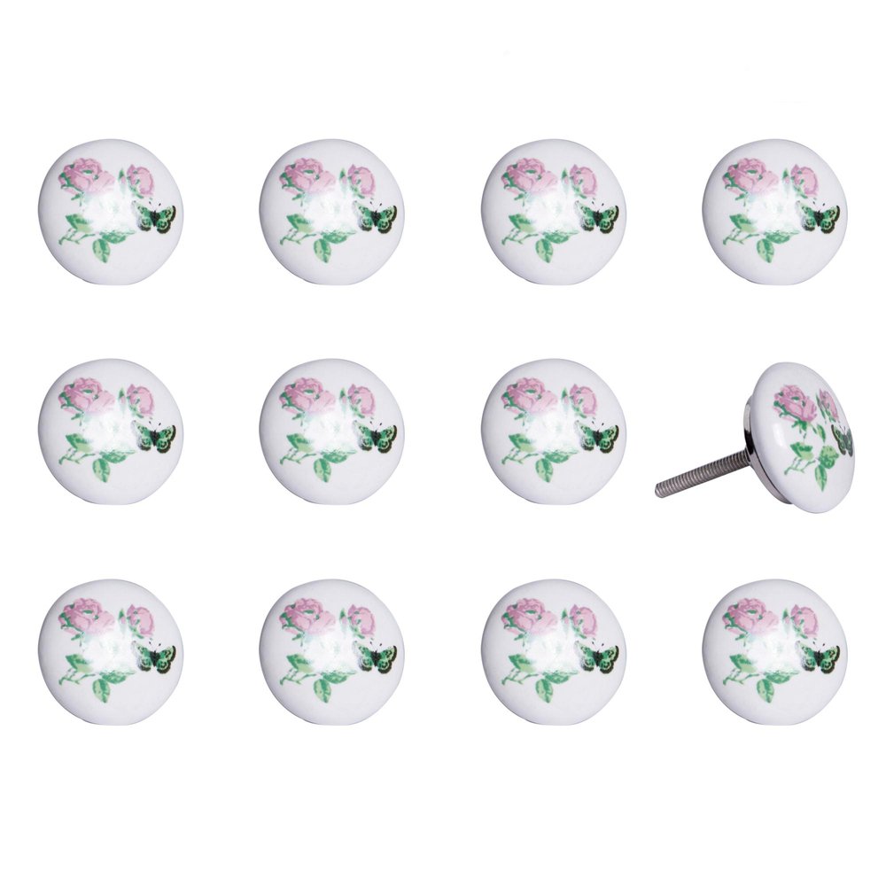 Set of twelve round ceramic drawer knobs with pink roses and green leaves, one knob shows a screw.