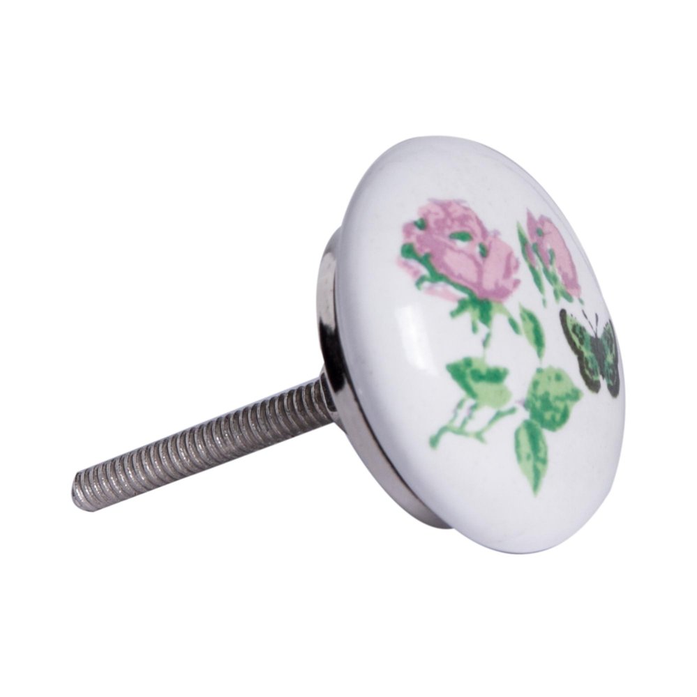 Set of Twelve Pink White And Green Floral Ceramic Drawer Pull Knobs on a white background