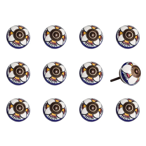 Twelve multicolor ceramic knobs with a floral design and metal screw on a white background.