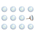 Set of Twelve White And Light Blue Metal And Ceramic Drawer Pull Knobs on a white background