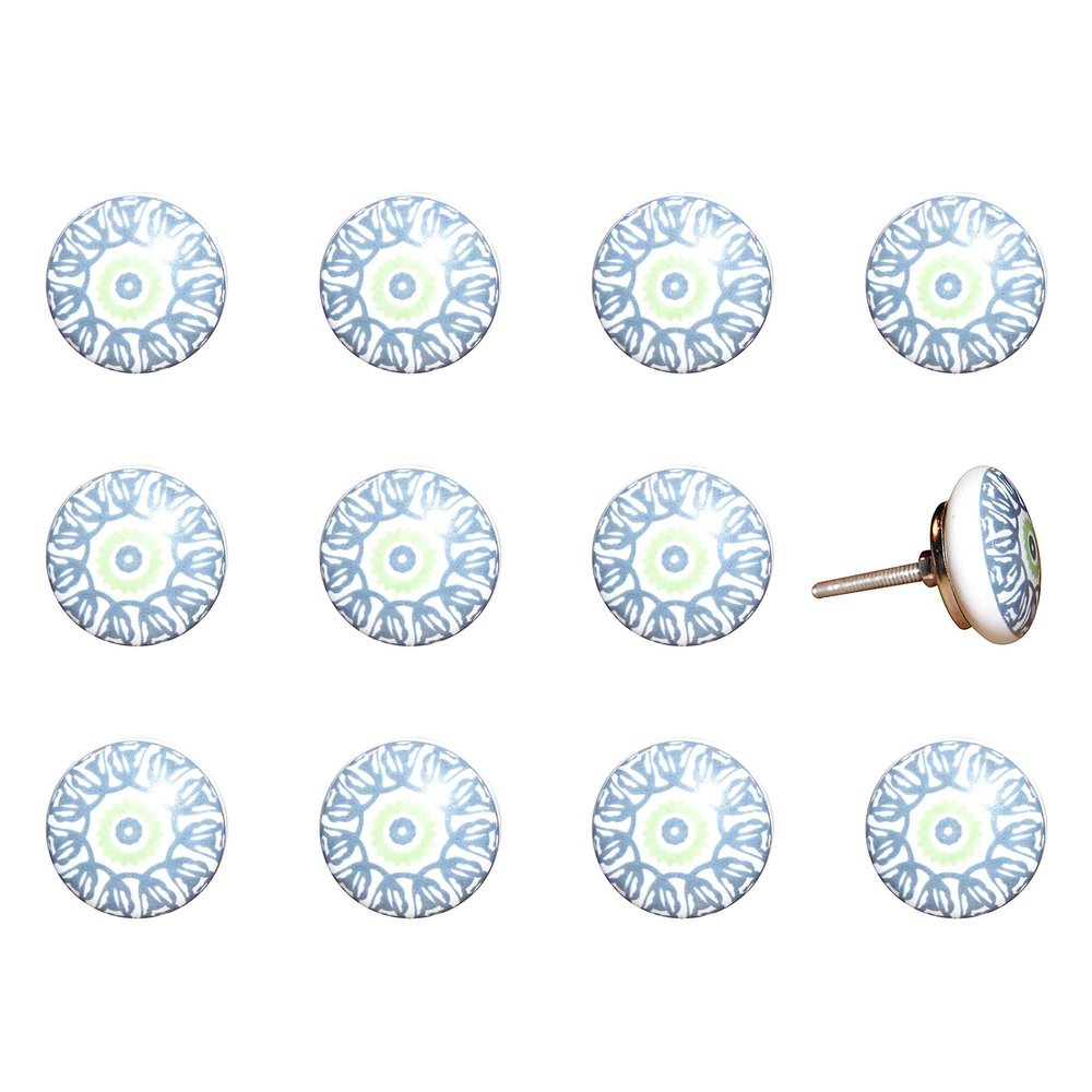 Twelve white and light blue ceramic drawer knobs with a floral pattern on a white background.