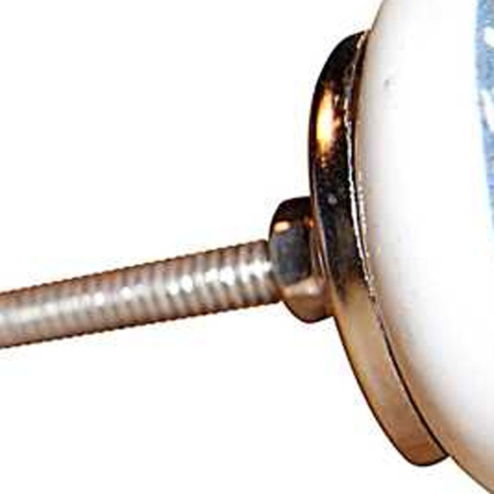 Set of Twelve White And Light Blue Metal And Ceramic Drawer Pull Knobs on a white background