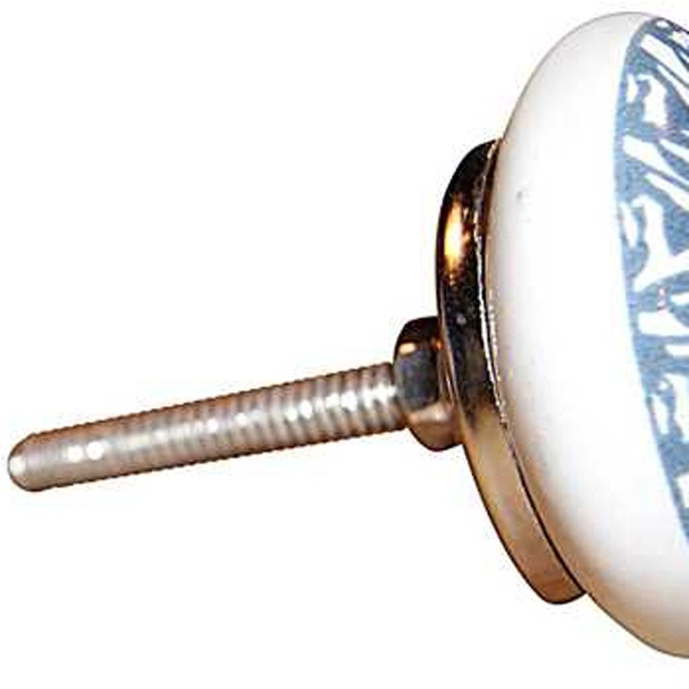 Set of Twelve White And Light Blue Metal And Ceramic Drawer Pull Knobs on a white background