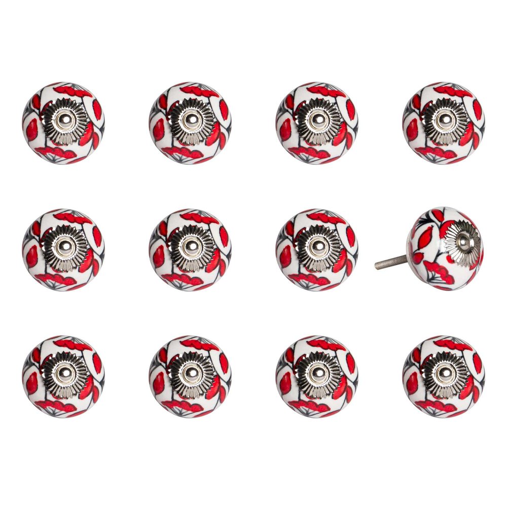 Twelve red and white ceramic drawer pull knobs with a floral design on a white background.