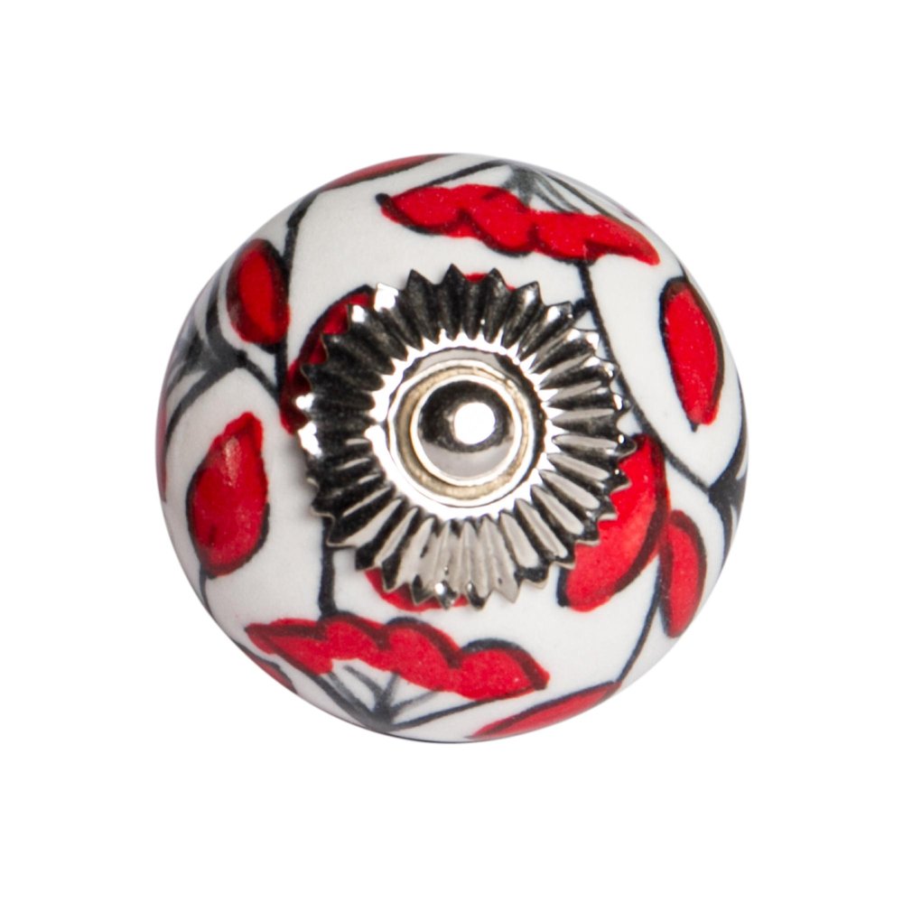 Set of Twelve Red And White Ceramic Drawer Pull Knobs on a white background