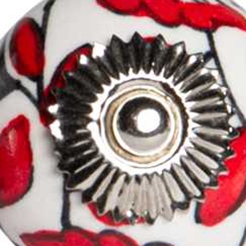 Set of Twelve Red And White Ceramic Drawer Pull Knobs close-up detail