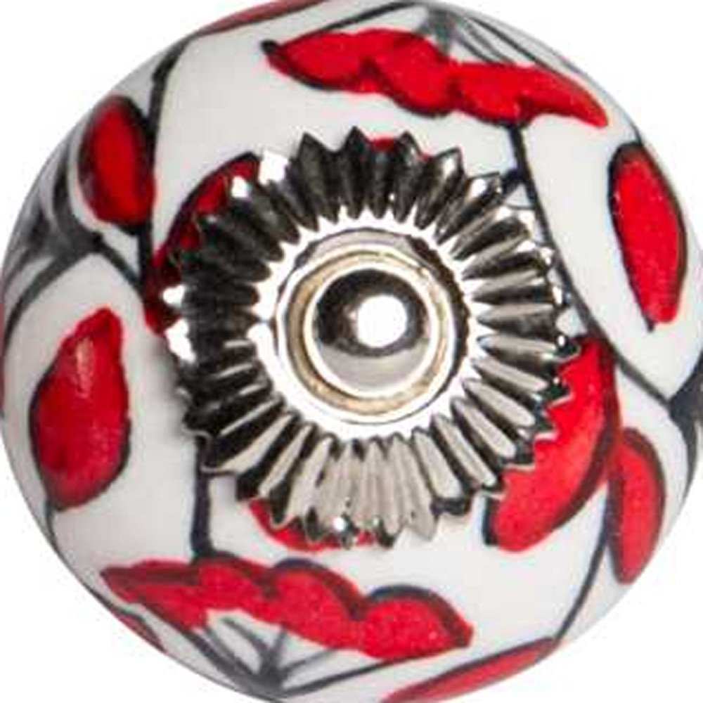 Set of Twelve Red And White Ceramic Drawer Pull Knobs on a white background