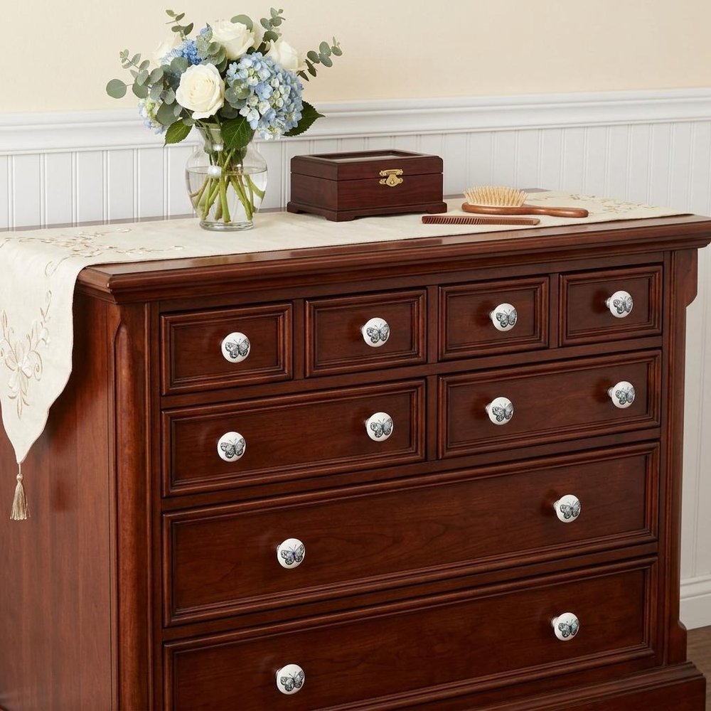 Set of Twelve Black And White Botanical Ceramic Drawer Pull Knobs