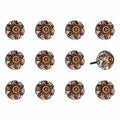 Set of Twelve Red And Yellow Botanical Ceramic Drawer Pull Knobs on a white background