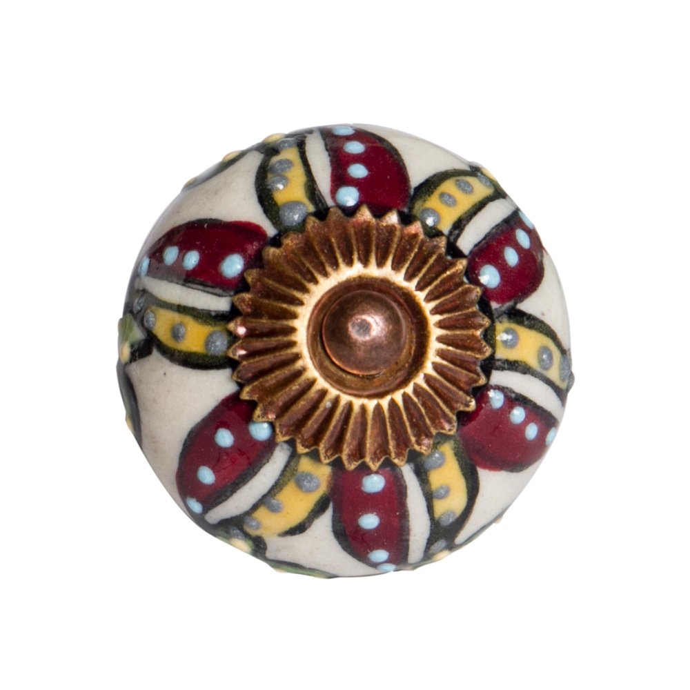 Set of Twelve Red And Yellow Botanical Ceramic Drawer Pull Knobs on a white background