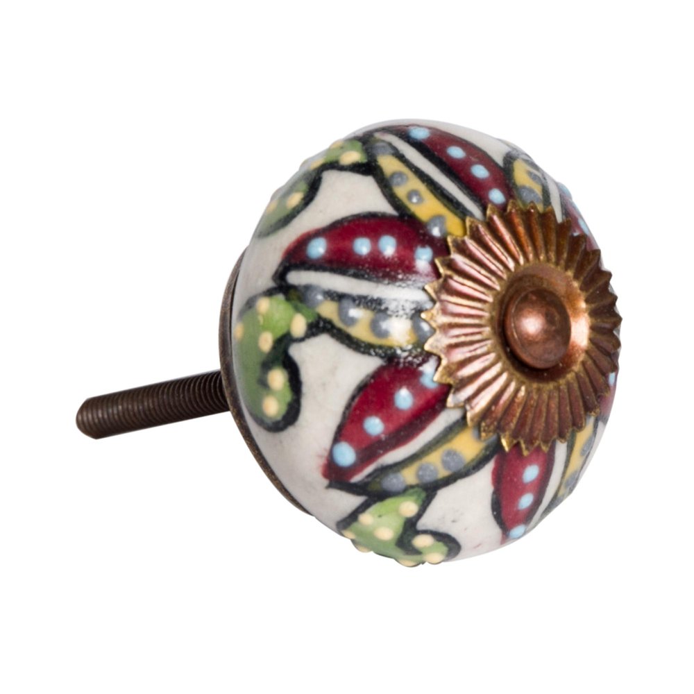 Set of Twelve Red And Yellow Botanical Ceramic Drawer Pull Knobs on a white background