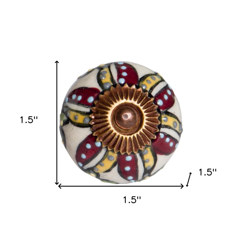 Set of Twelve Red And Yellow Botanical Ceramic Drawer Pull Knobs on a white background