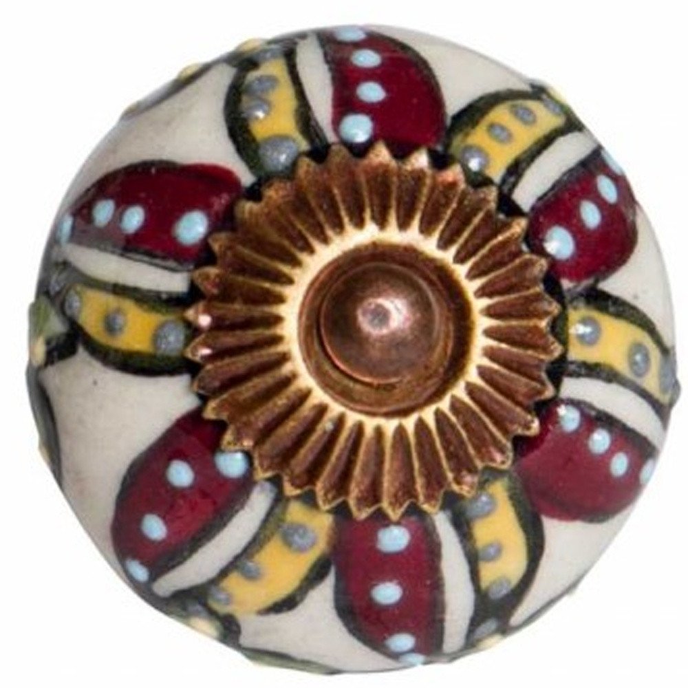 Set of Twelve Red And Yellow Botanical Ceramic Drawer Pull Knobs on a white background