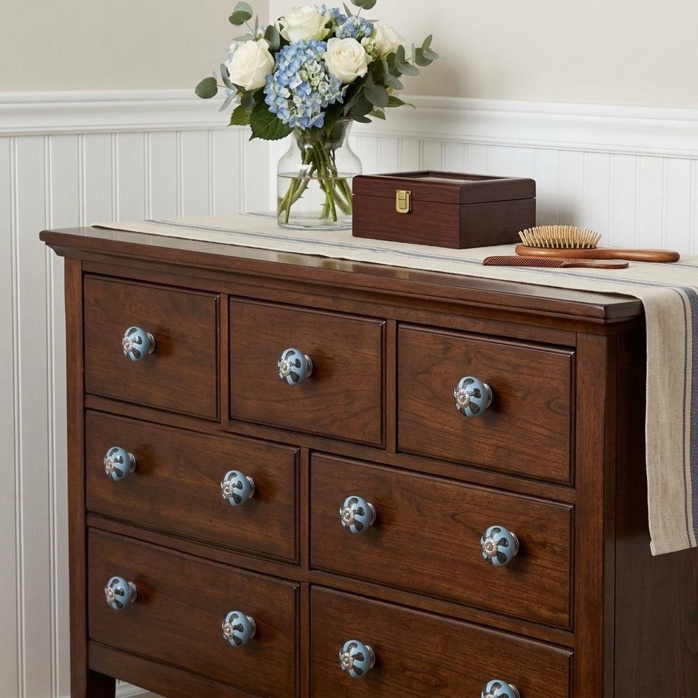 Set of Twelve Blue And Black Geometric Ceramic Drawer Pull Knobs