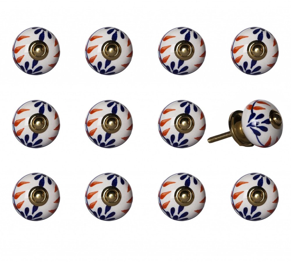 Twelve white ceramic drawer knobs with blue and orange floral patterns and gold centers on a white background.