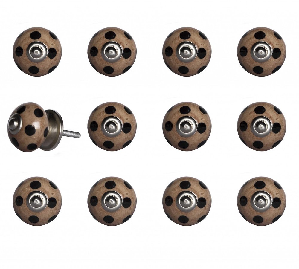 Set of Twelve Brown And Black Geometric Ceramic Drawer Pull Knobs on a white background