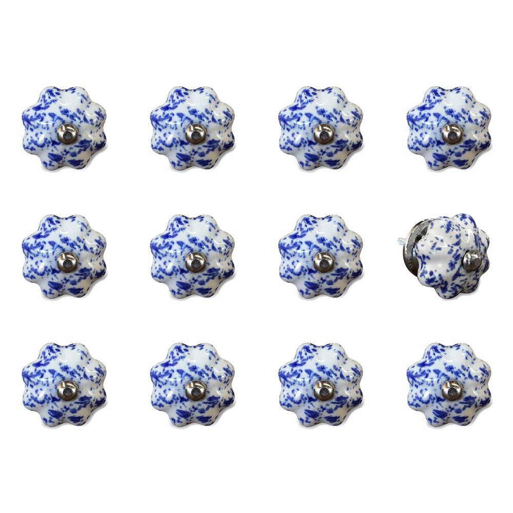 Twelve blue and white ceramic drawer pull knobs with a floral pattern on a white background.