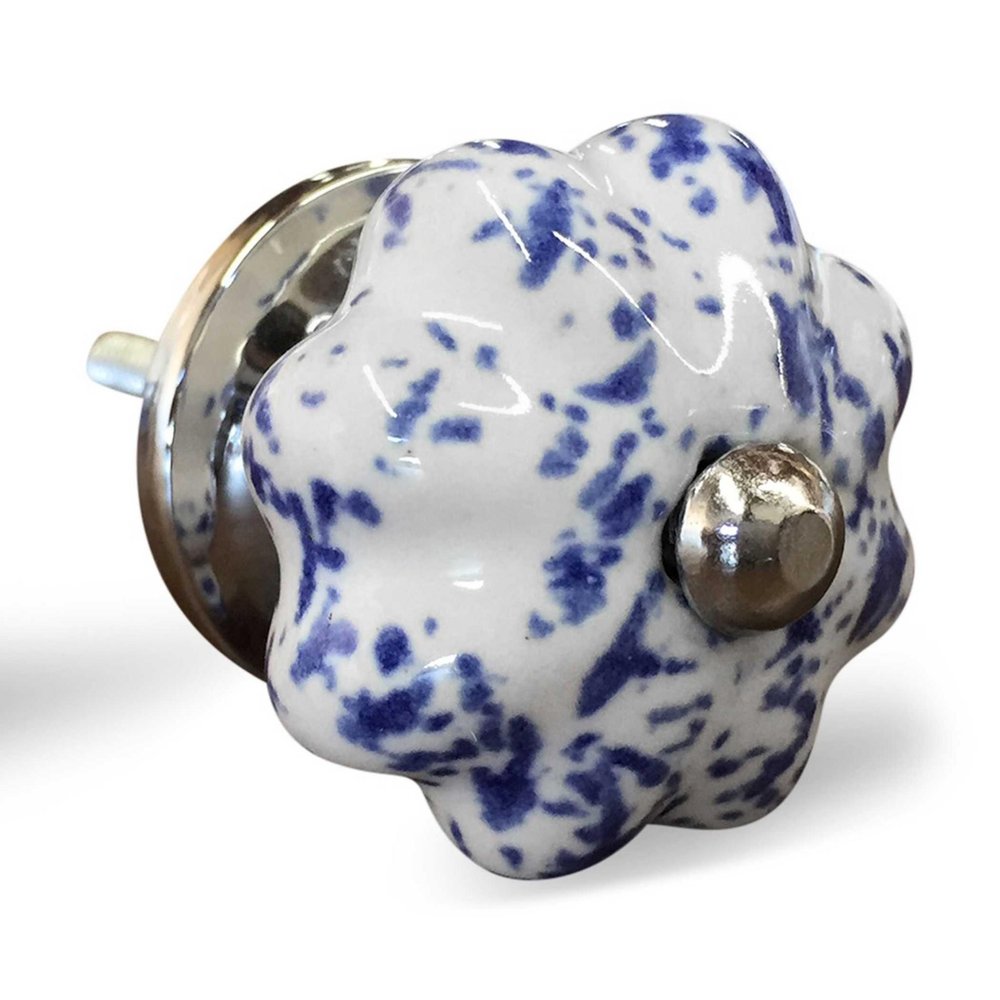 Set of Twelve Blue And White Ceramic Drawer Pull Knobs - 1.5" H x 1.5" W x 1.5" D