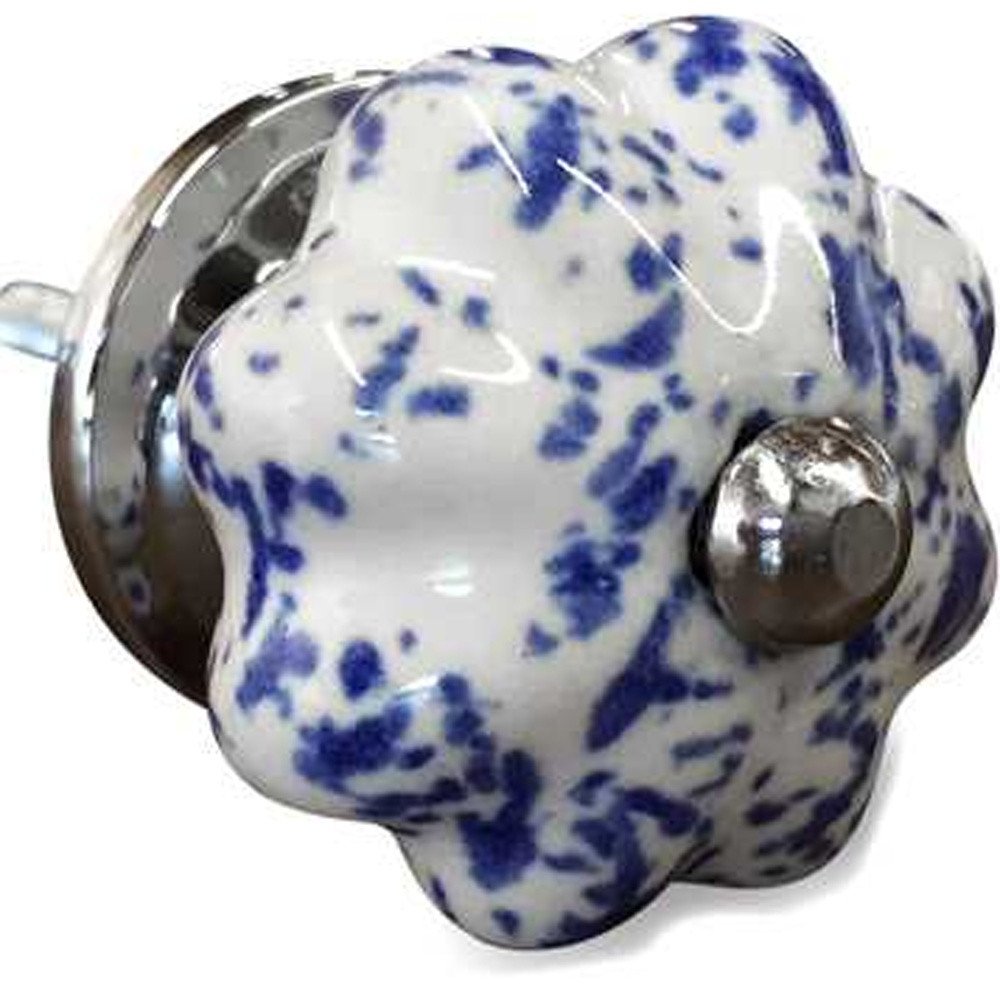 Set of Twelve Blue And White Ceramic Drawer Pull Knobs - 1.5" H x 1.5" W x 1.5" D