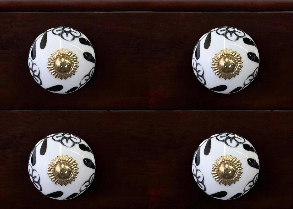 Set of Twelve Black And White Ceramic Drawer Pull Knobs