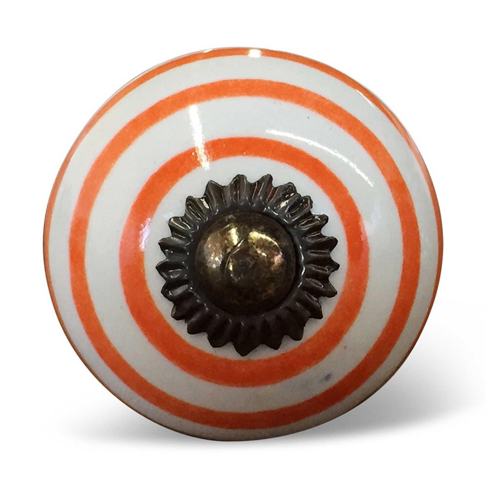 Set of Twelve Orange And White Geometric Ceramic Drawer Pull Knobs on a white background