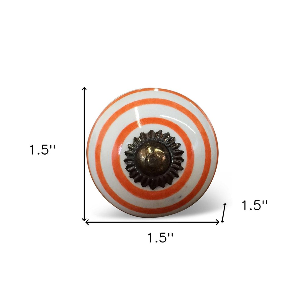 Set of Twelve Orange And White Geometric Ceramic Drawer Pull Knobs on a white background
