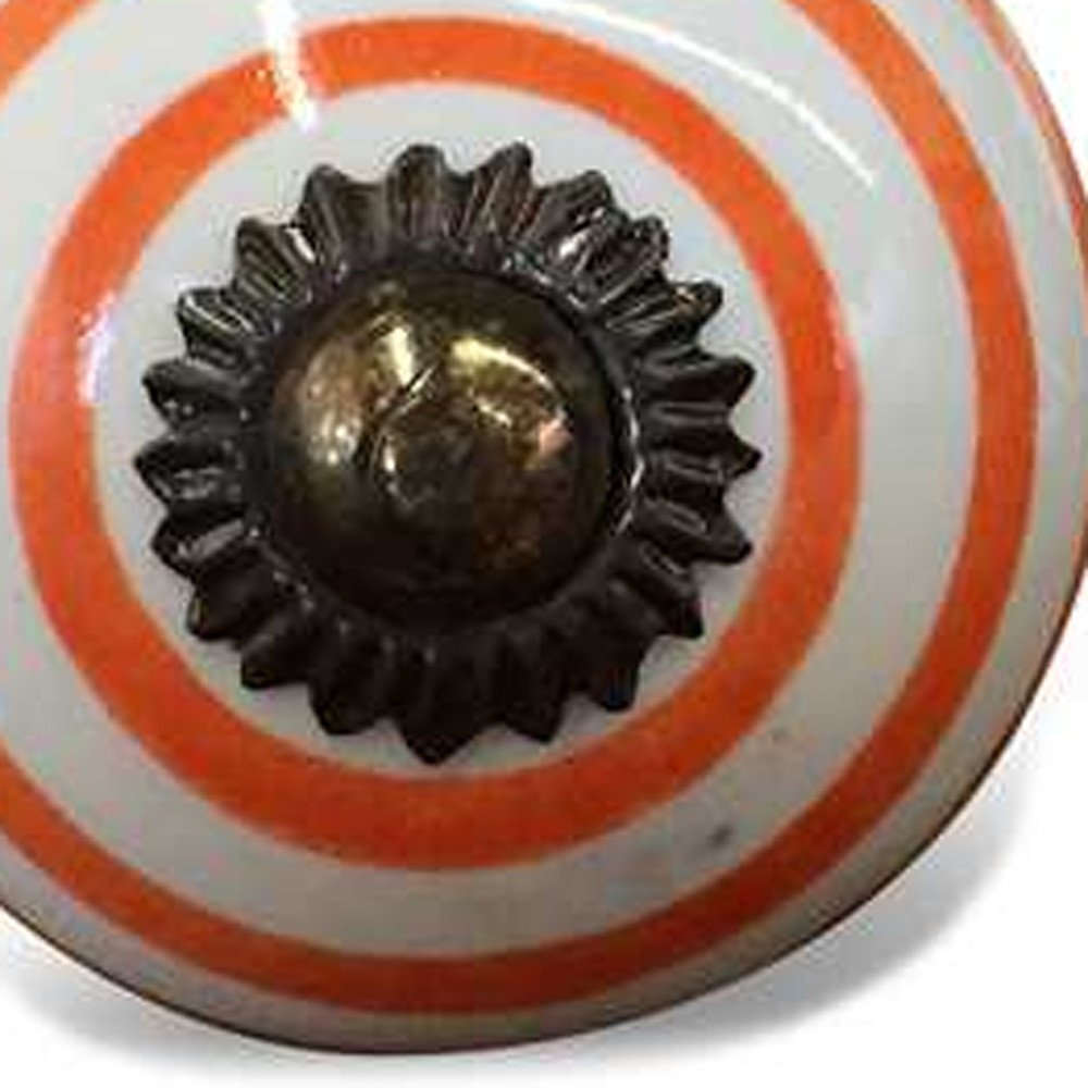 Set of Twelve Orange And White Geometric Ceramic Drawer Pull Knobs close-up detail