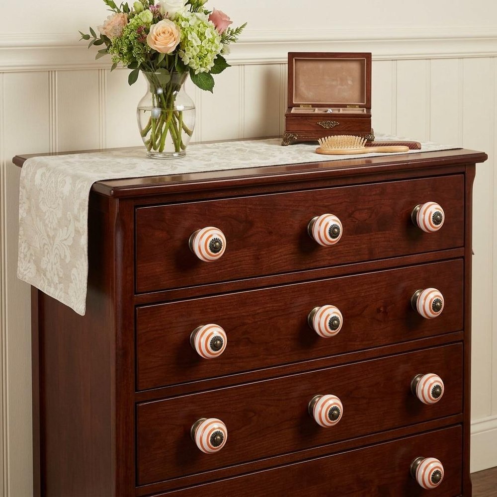 Set of Twelve Orange And White Geometric Ceramic Drawer Pull Knobs in a home interior