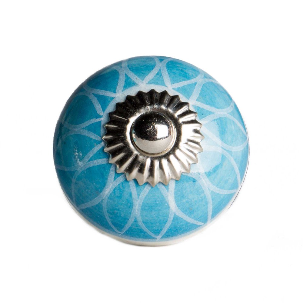 Set of Eight Aqua And White Floral Ceramic Drawer Pull Knobs