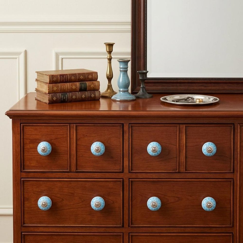 Set of Eight Aqua And White Floral Ceramic Drawer Pull Knobs