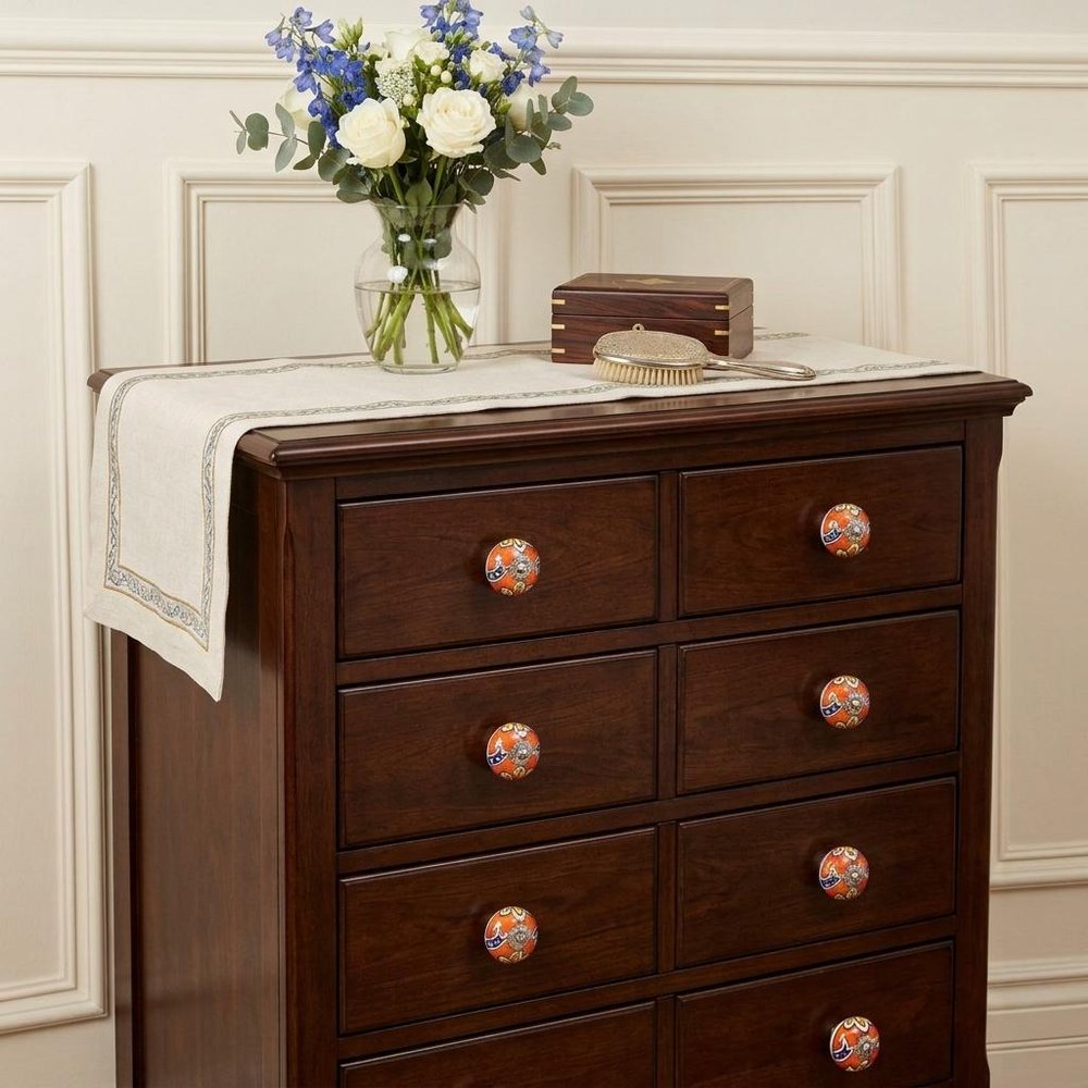 Set of Eight Orange And White Floral Ceramic Drawer Pull Knobs