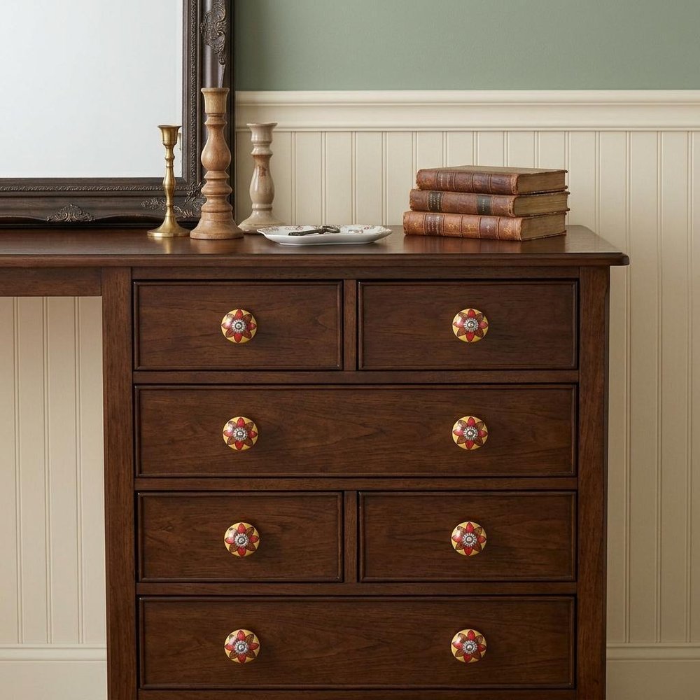 Set of Eight Red And Yellow Floral Ceramic Drawer Pull Knobs