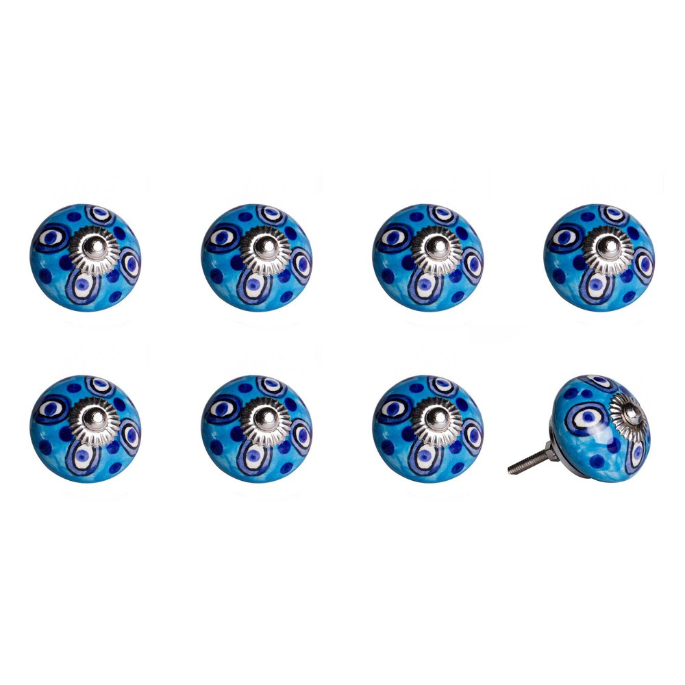 Set of Eight Blue And White Botanical Ceramic Drawer Pull Knobs