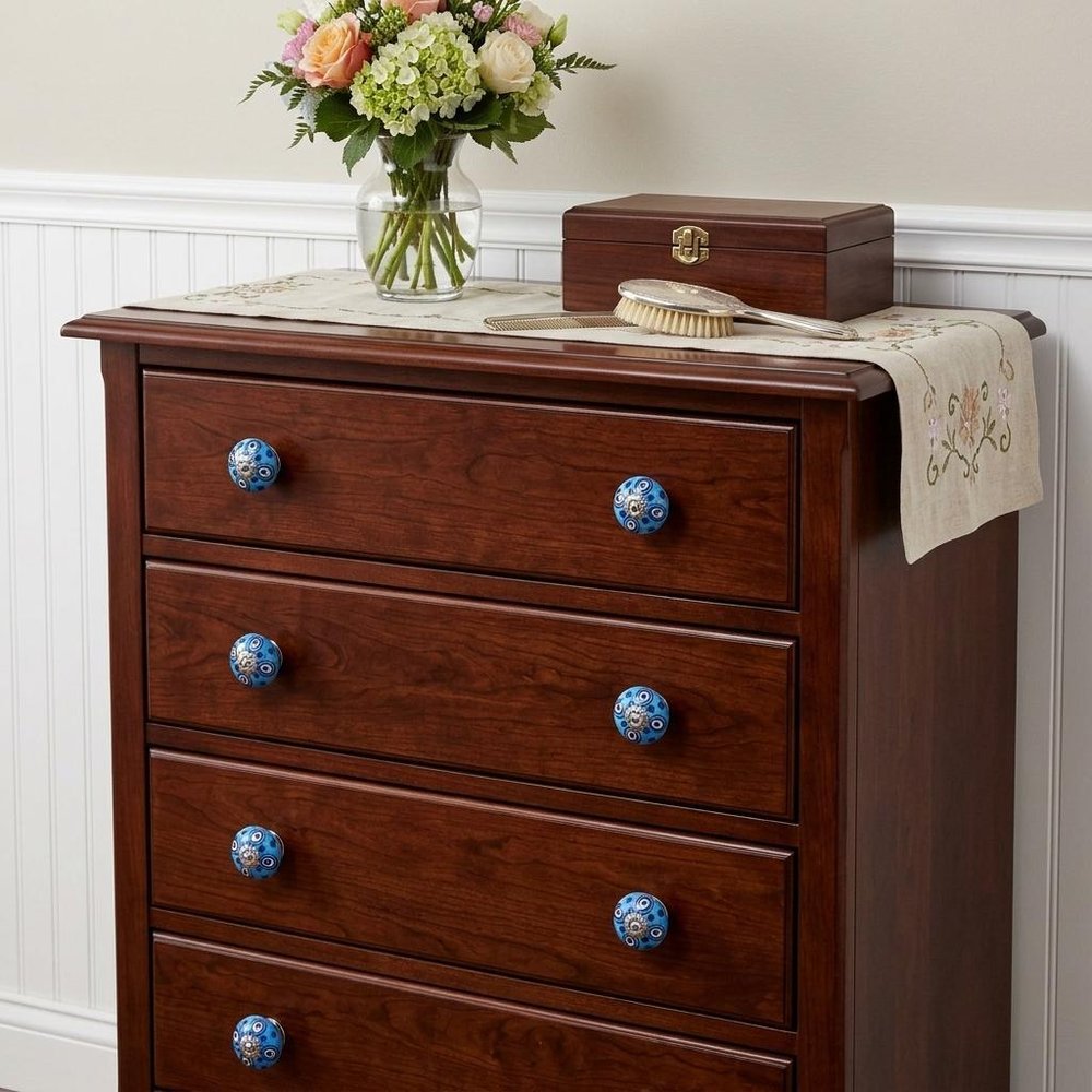 Set of Eight Blue And White Botanical Ceramic Drawer Pull Knobs